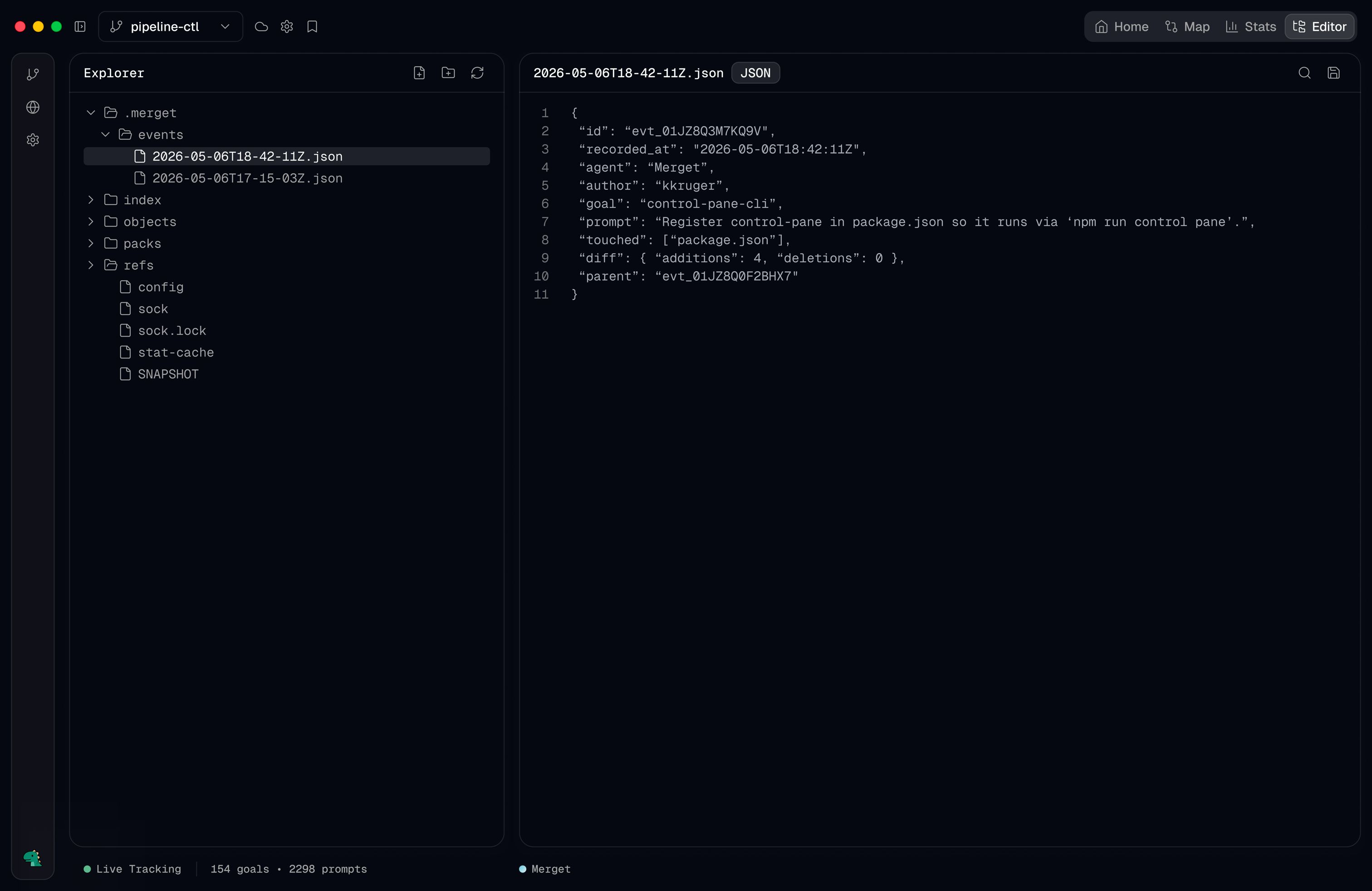 Merget editor view with prompt history and code context.