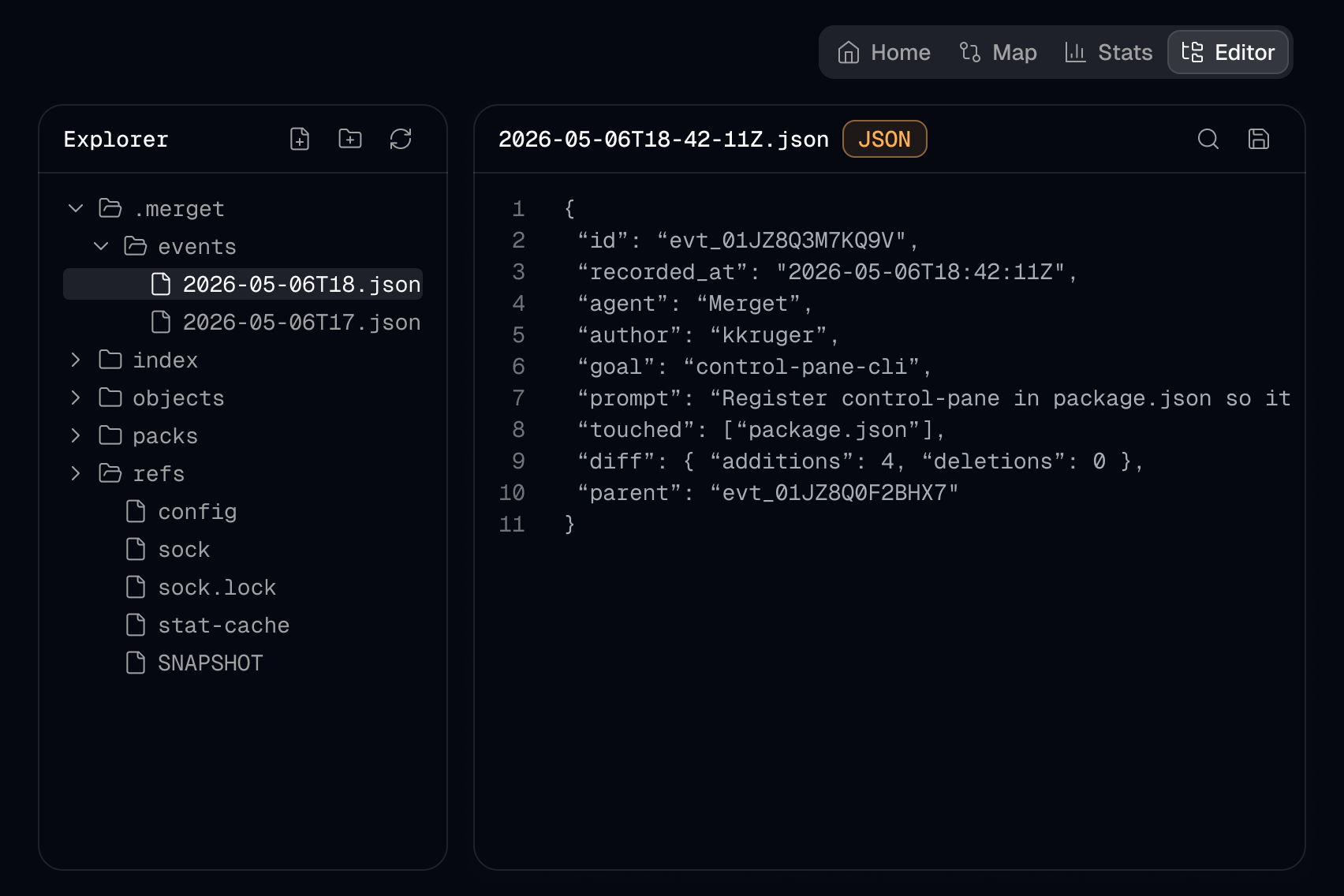 Merget editor view with prompt history and code context.