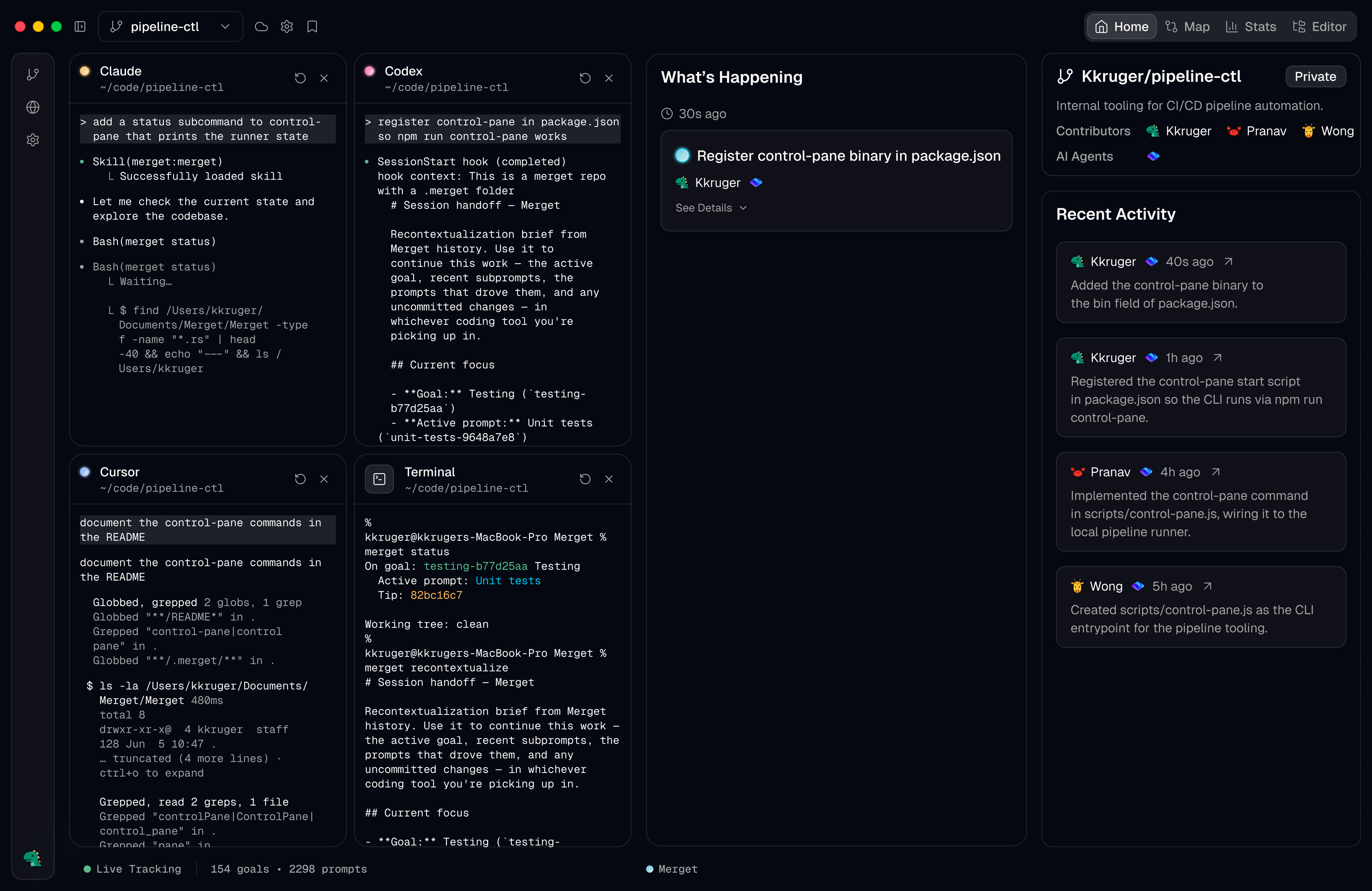 Merget home dashboard showing active goals, prompts, and AI agent work.