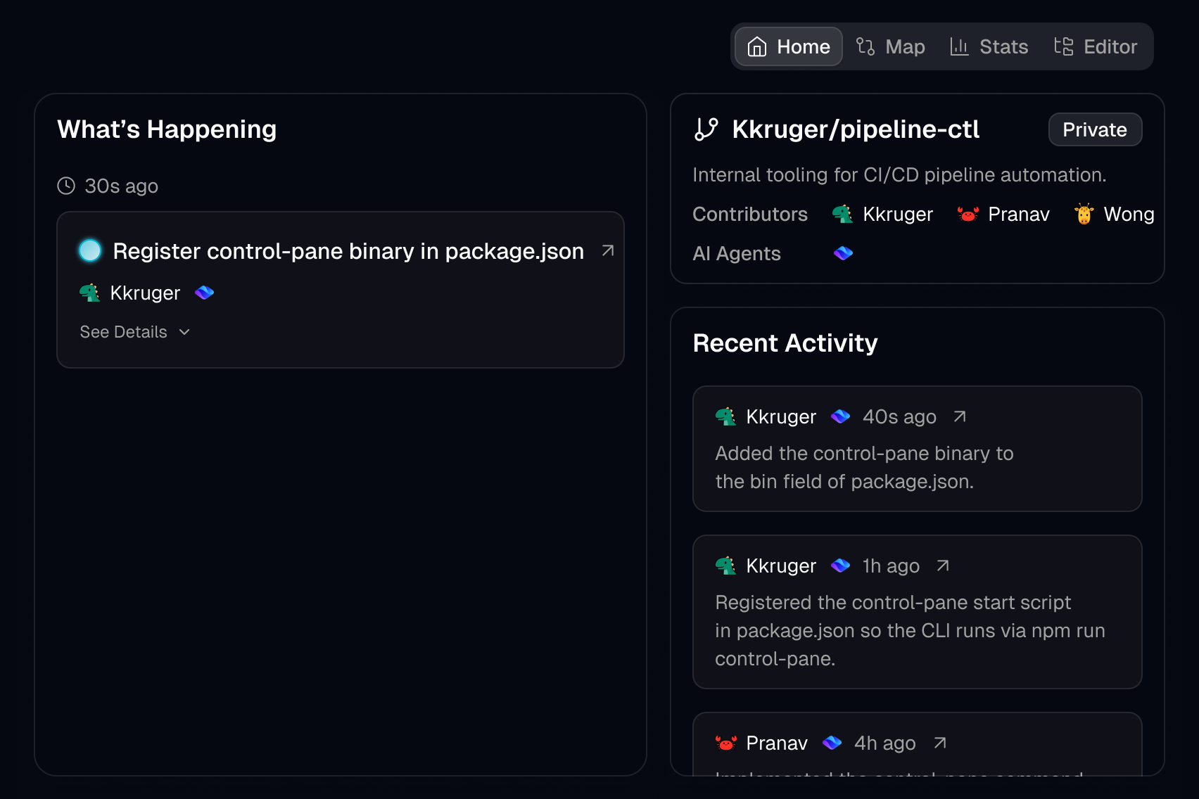 Merget home dashboard showing active goals, prompts, and AI agent work.
