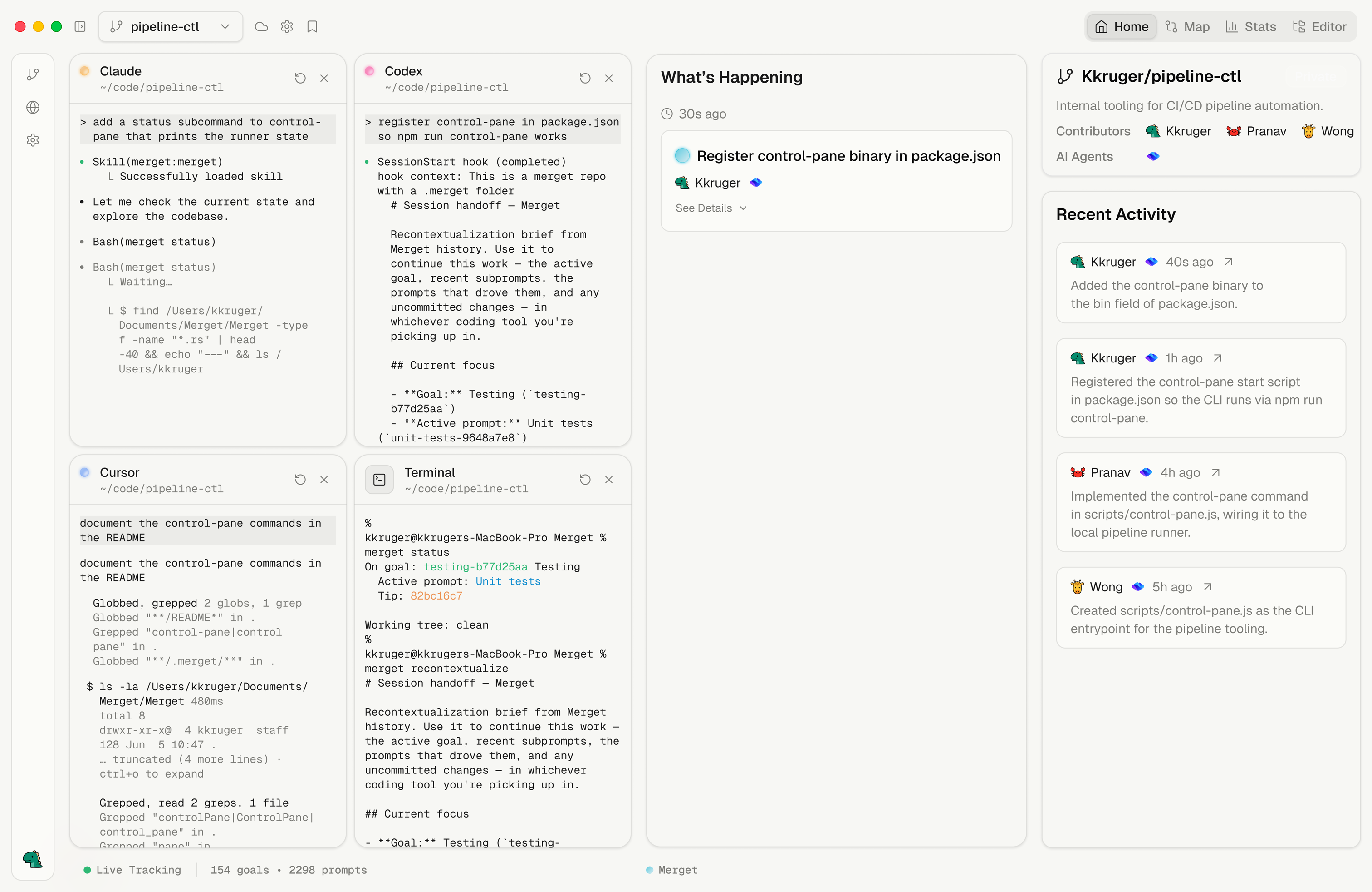 Merget home dashboard showing active goals, prompts, and AI agent work.