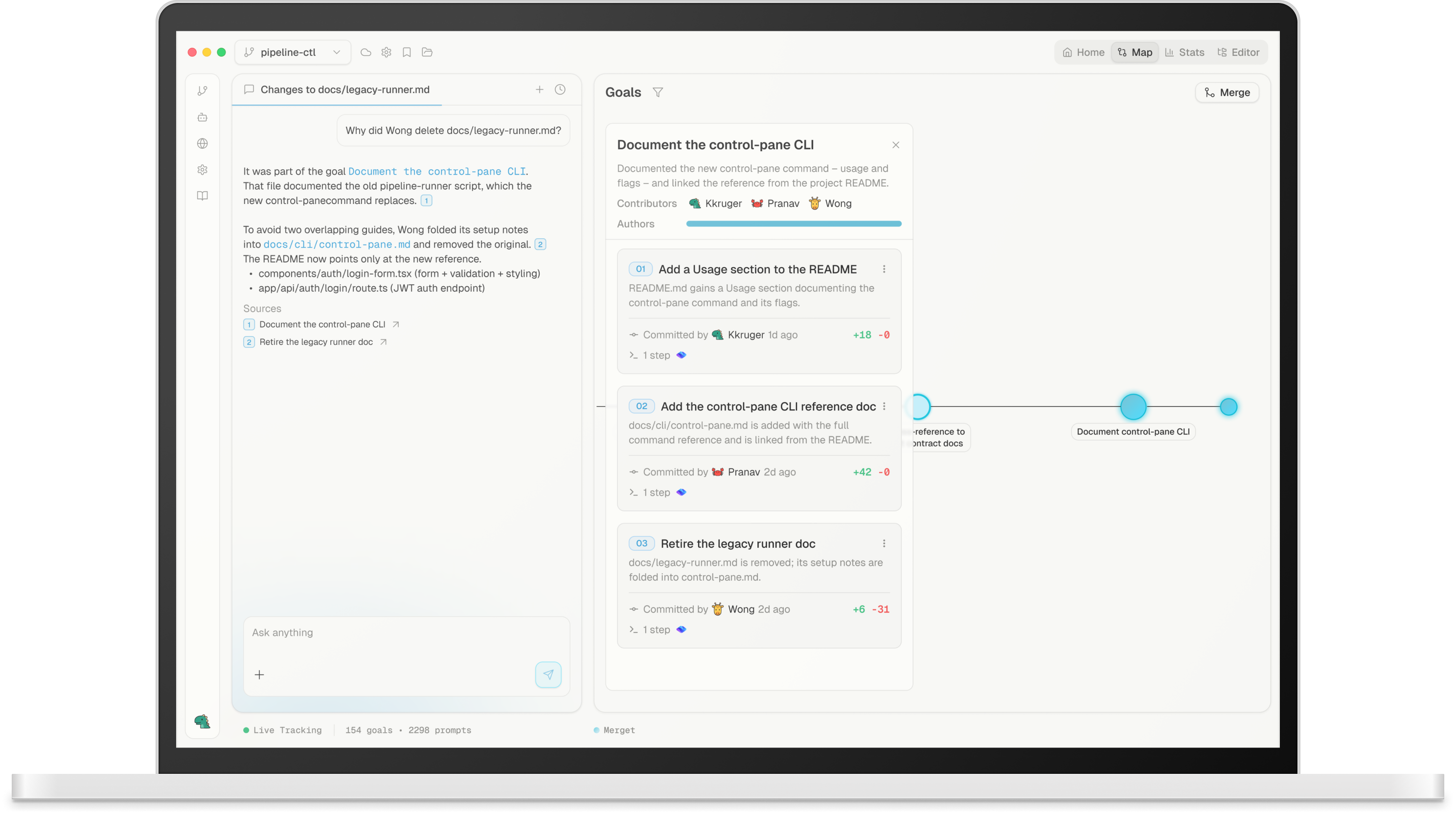 Merget goal map showing agent activity connected to code changes