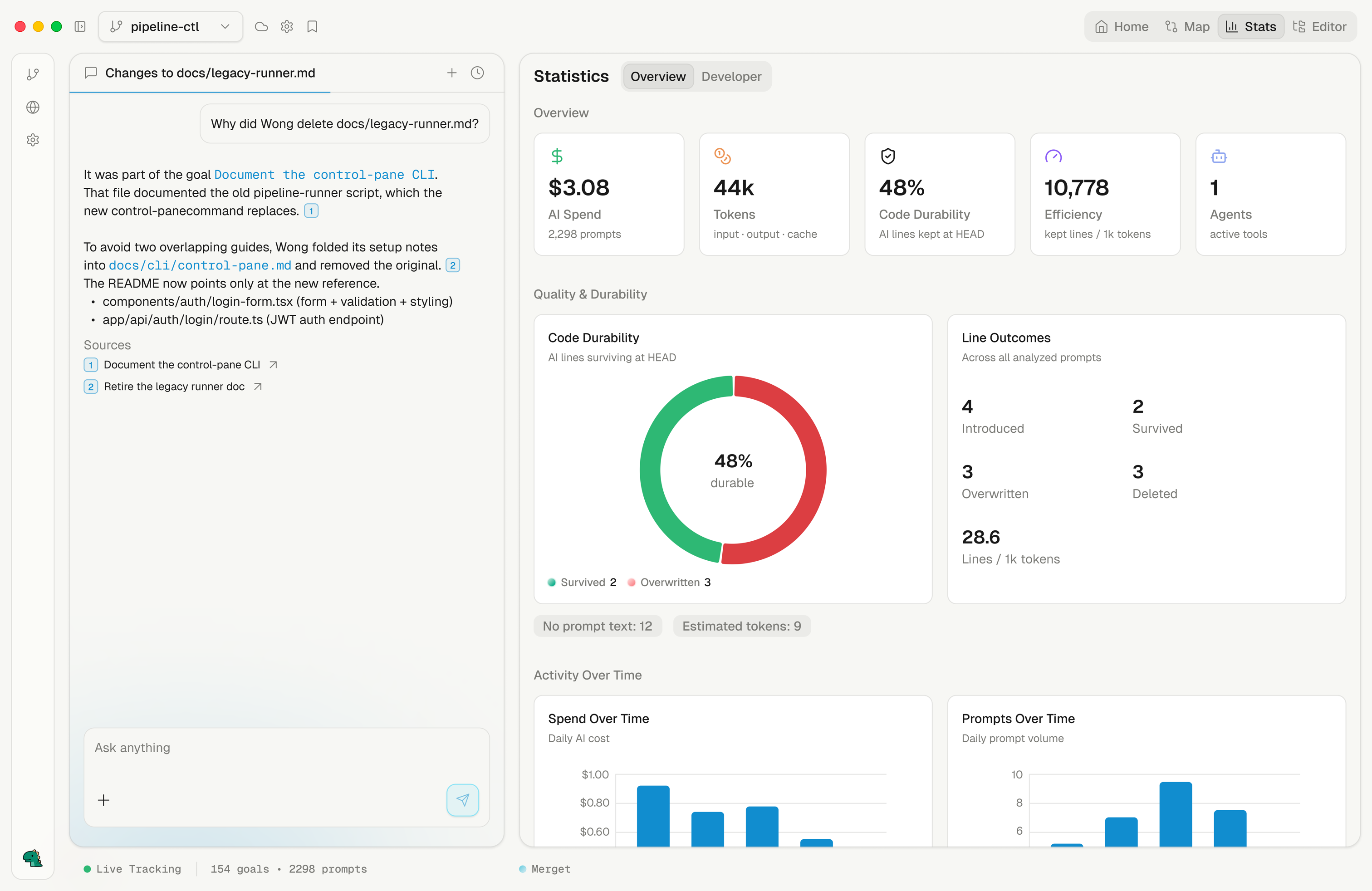 Merget stats dashboard with usage, model, and code durability metrics.
